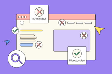 Illustration eines Browserfensters mit Symbolen für 14 Verstöße und 8 bestandene Tests zur digitalen Barrierefreiheit